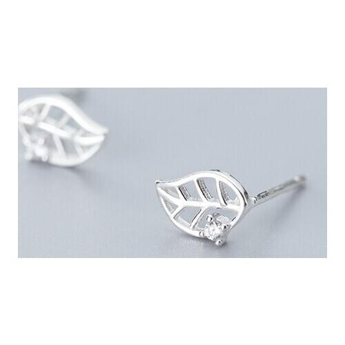 MloveAcc 100% 925 Solid Real Sterling Hollow Leaf CZ Stud Earrings Gift for Women Girls Kids Lady Jewelry