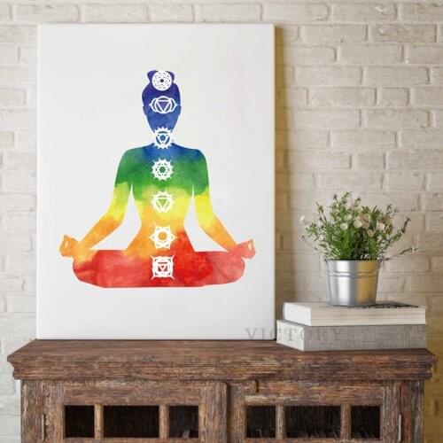 Yoga Chakras Wall Art Print Poster, Lotus Flower Watercolor Chakras Yoga Om Meditation Picture Canvas Painting Home Decor