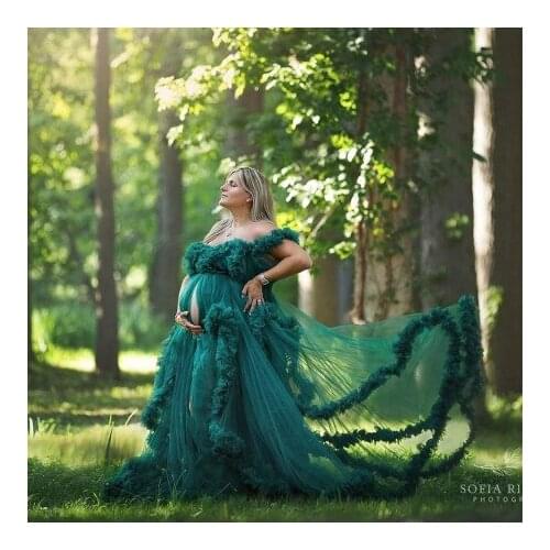 2021 Hunter Tulle Pregnancy Dresses Cap Sleeves Front Open Ruffles Long Puffy Maternity Gowns With Flares Plus Size