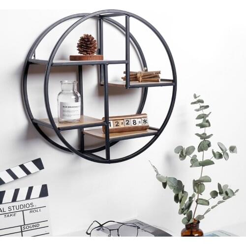 Industrial Style Wood Iron Craft Round Wall Shelf Display Rack Storage Hanging Cabinet Antique Rack Flower Pot Holder Decror