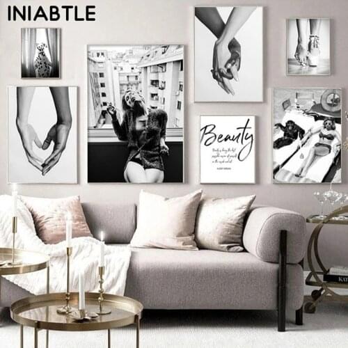 Hand in Hand Smoke Girl Sexy Fashion Poster Print Black White Canvas Painting Wall Art Picture For Living Room Home Decoration