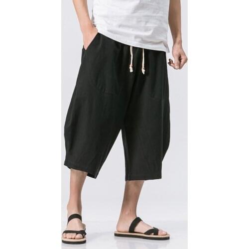 Men Cotton Linen Solid Color Elastic Waist Shorts T Mens Hip-hop Breathable Casual Pants Japanese and Korean Yoga Pants