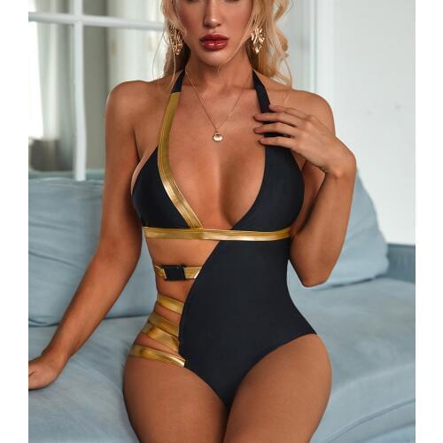 Sexy Splicing Golden Bandage Swimsuit One Piece Bathing Suit Women Brazilian Bikinis Gold Push Up Swimwear Cut Out Monokini