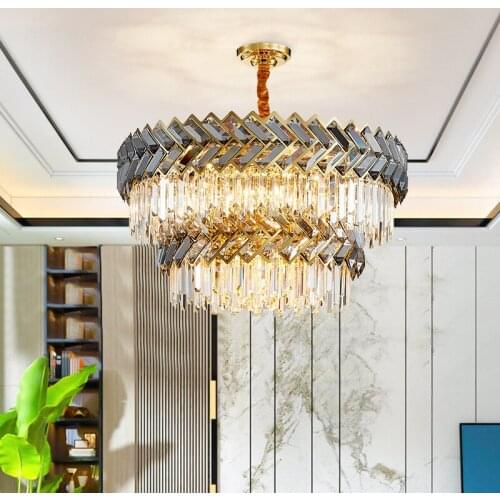 Modern living room chandelier for the kitchen gold led light fixture double layer smoke gray crystal luxury hanging lamp