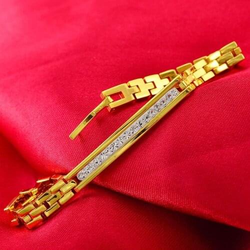 Thin Bracelet Band Yellow Gold Filled Charm Women Bracelet Bangle 7.87" Inlaid Genuine CZ Zircon
