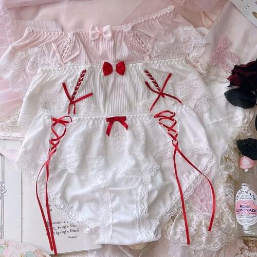 Japanese Style Soft Girl Lovely Pink Girl Lolita Embroidered Ribbon Sexy Panties