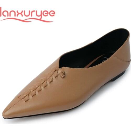Lanxuryee leisure full grain leather three colors pointed toe low heel slip on comfortable handmade daily wear women pumps L13
