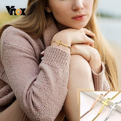 Vnox Adjustable Cross Charm Bracelets for Women, Stainless Steel Box Chain, Elegant Christ Faith Jewelry