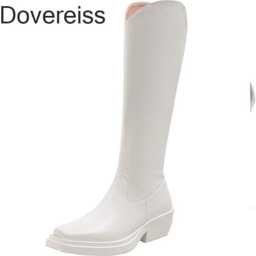 Dovereiss Fashion Womens Shoes Winter Block Heels New Square Toe Genuine Leather Silver Concise Knee High Boots Sexy Zipper