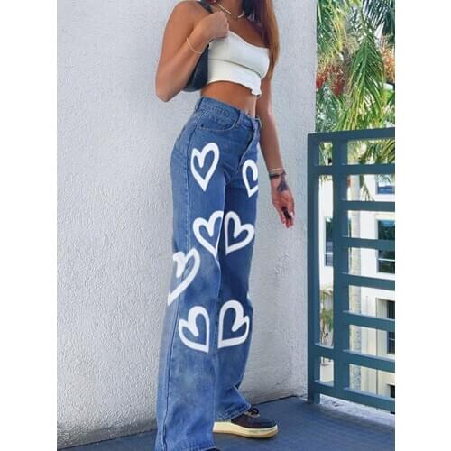 Vintage Heart Printed Y2K Baggy Jeans Women High Waist Fashion Slender Aesthetic Mom Jeans Denim Streetwear 90s Trousers