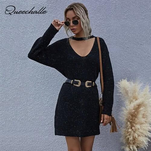 2021 New Autumn Winter Casual Jumper Sweater Women Fashion Deep V Neck Knitted Pullovers Black Long Sweater Tops for Woman