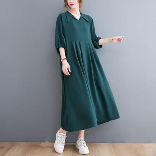 Korea Style Turn-down Collar Fashion Lady Chic Blouse Dress 2021 New Loose Women Summer Casual Dress Office Lady Work Midi Dress