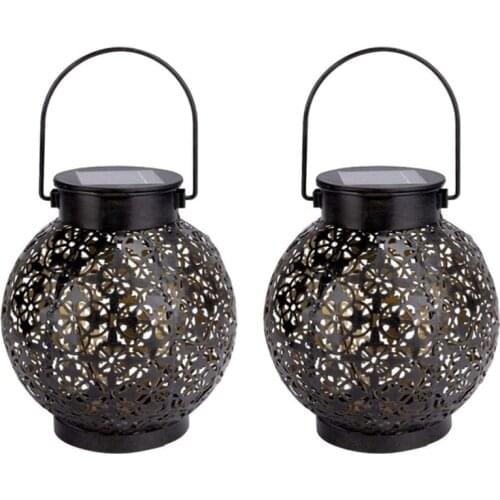 Solar Lanterns Outdoor Waterproof Hanging Solar Lights Retro Metal LED Decorative Light with Handle for Garden 2 Pack