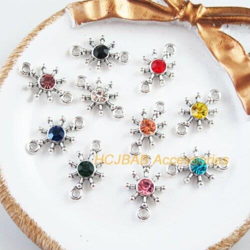 20Pcs Tibetan Silver Tone Retro Snowflake Mixed Crystal Charms Connectors 13.5x21mm