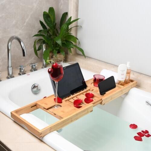 Bamboo Bathtub Tray Perfect Expandable Bathtub Caddy with Reading Rack or Tablet Holder, Bath Tray Includes a Wine Glass Holder