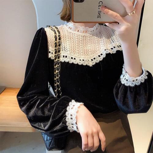 Blouse Women Womens Patchwork Lace Long Sleeve Pleuche Top 2020 Autumn Loose Blusas Ropa De Mujer