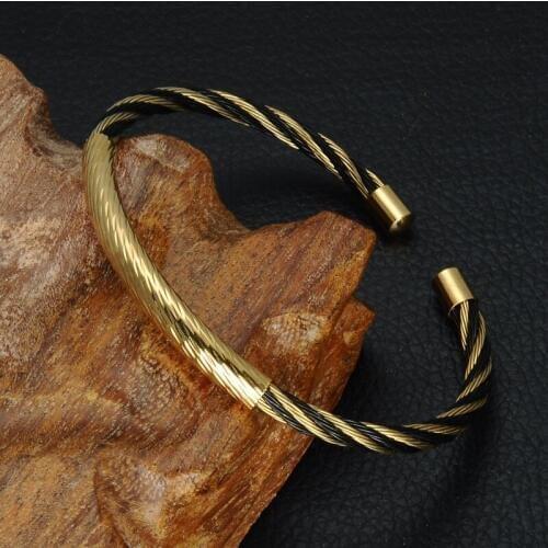 10pcs) Fashion C Cuff Bracelet Men Jewelry Gold Black Stainless Steel Wire Chain gifts for Male Drop ship