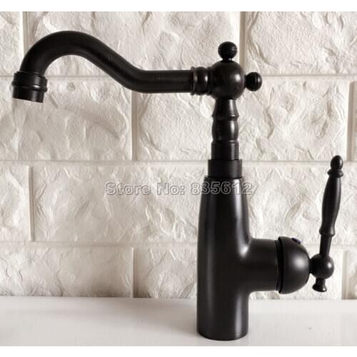 Black Oil Rubbed Bronze Deck Mounted Bathroom Basin Faucet Vessel Sink Mixer Taps Swivel Spout Cold & Hot Water Faucets Wnf374