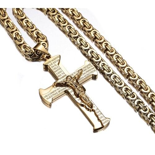 Punk Fashion Mens Silvercolor Gold Black 316L Stainless Steel Jesus Cross Pendant Necklace Jewelry Byzantine Box Chain 6mm