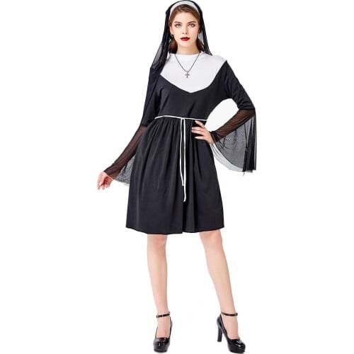 Virgin Mary Nuns Costumes For Women Sexy Long Black Nuns Costume Arabic Religion Monk Ghost Uniform Witch Cosplay dress
