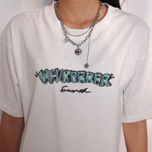 Loose White Letter Print T Shirts Women Mid Length Short Sleeve Casual Tops O-neck All-match Plus Size Simple Aesthetic New Tees