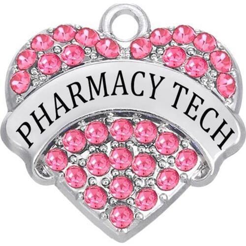 Hot customizable rhinestone crystal inlaid heart-shaped metal pendant with PHARMACY THCH label charm for medical jewelry making