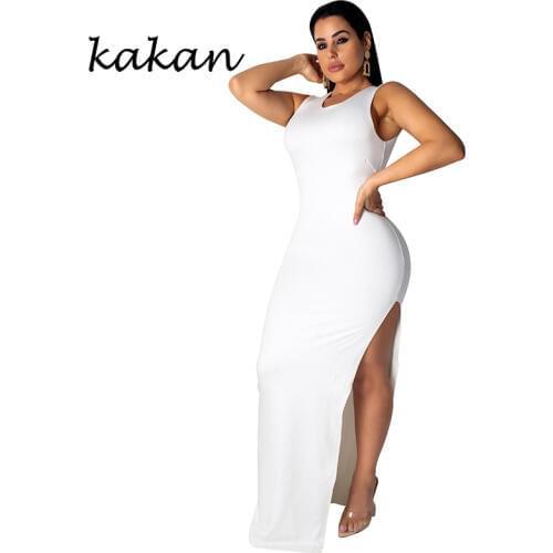 Kakan new womens sexy dress one button open back personality back metal belt dress split sleeveless dress