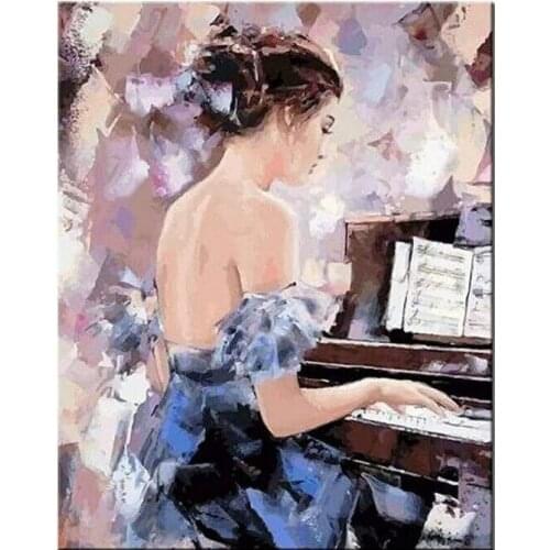 Oil Painting Cross Stitch Kits Girl Playing Piano Needlework Embroidery Crafts 14CT Unprinted DIY Arts Handmade Home Decor