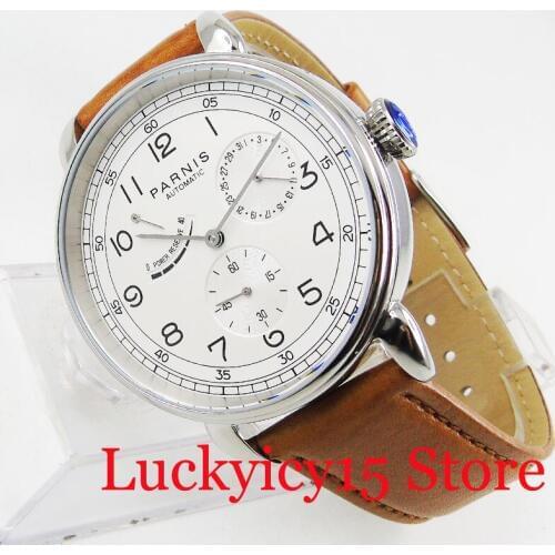 PARNIS Wristwatch Men 42mm Polished Case Power Reserve Date Indicator Leather Strap