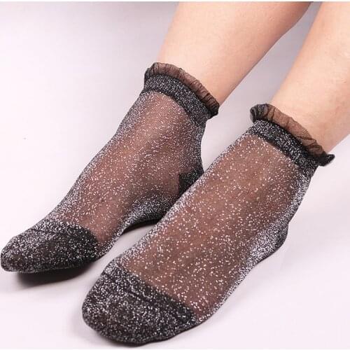 5Colors Women Lace Socks Summer Fashion Shiny Crystal Glass Silk Thin Ankles Short Sock Transparent Glitter Elastic Sox meias