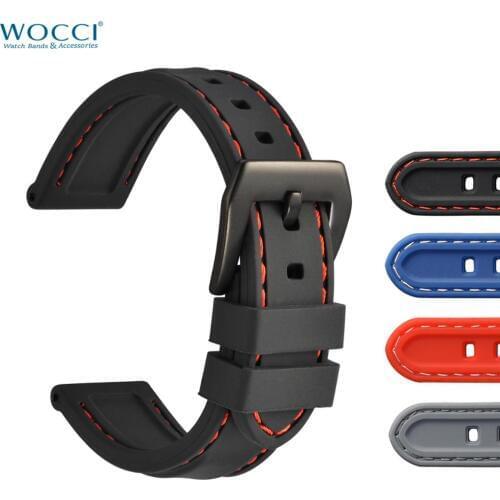 WOCCI Silicone Rubber Watchbands 18mm 20mm 22mm 24mm Diver Black Blue Gray Waterproof Wristband Sport Style Watch Band Strap