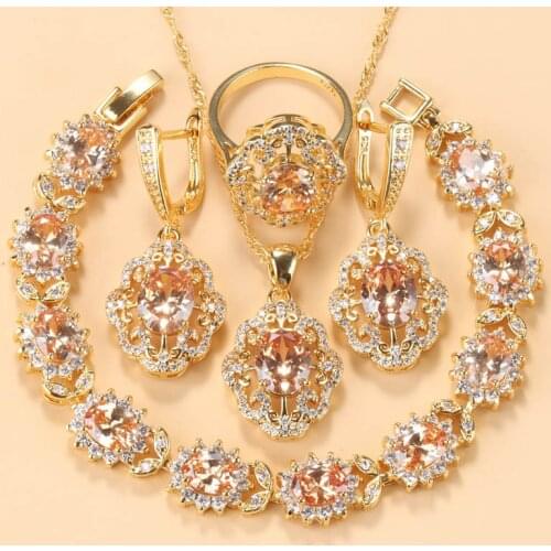 Luxury Necklace Sets Champagne Cubic Zirconia Dangle Earrings Bracelet Ring Gold Plated Women Wedding Jewelry Set