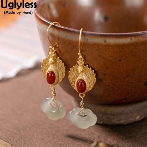 Uglyless Opening Tail Peacock Earrings for Women Agate Jade Dangle Earrings Abstract Heart Gemstones Ethnic Jewelry 925 Silver