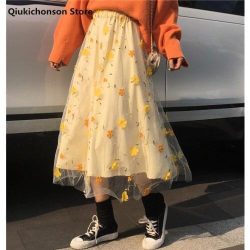 Summer Autumn Women Tulle Skirt Long Midi Cute Yellow 3D Flower Embroidery Floral Mesh Lace Skirts High Waisted School Girl Wear