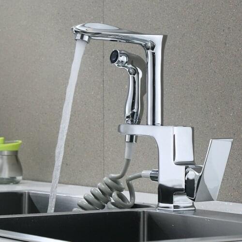 Kitchen Faucet Strech out Multi-function Drawing Faucets European Chrome Copper Rotation Washing Basin tap Cold & Hot Sink Taps