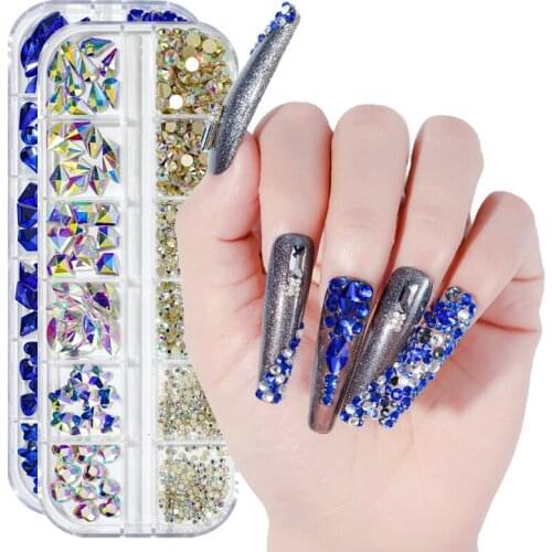 12 Girds/Box Multi-Shape Nail Art Rhinestone 12 Colors Mix Size 3D Crystal Glass Flat Bottom Diamond AB Manicure Decoration