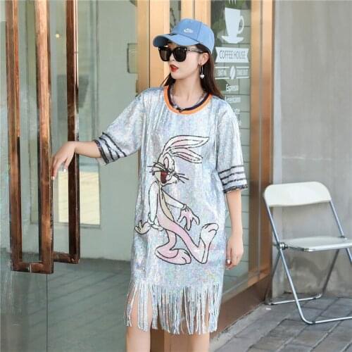 Street Fashion Summer Womens T-Shirt Dress Sequined Embroidery Mesh Loose Tees Plus Size Tops Tassel Short-Sleeved Long TShirt