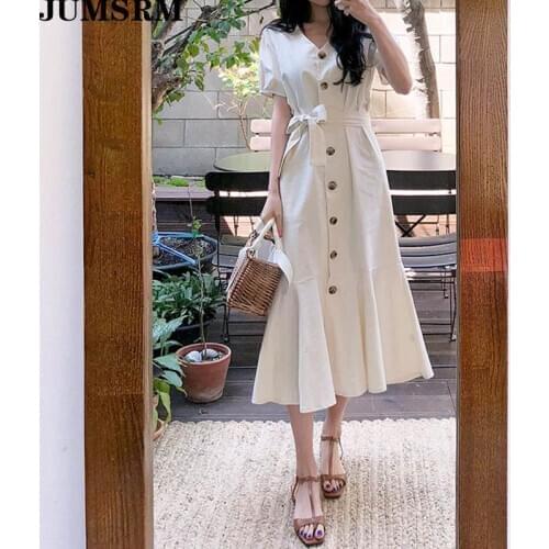 Vintage Single Breasted Women Dress 2020 Summer New Sexy V-Neck High Waist Long Dress Korean Simple Puff Sleeve Fishtail Dresses