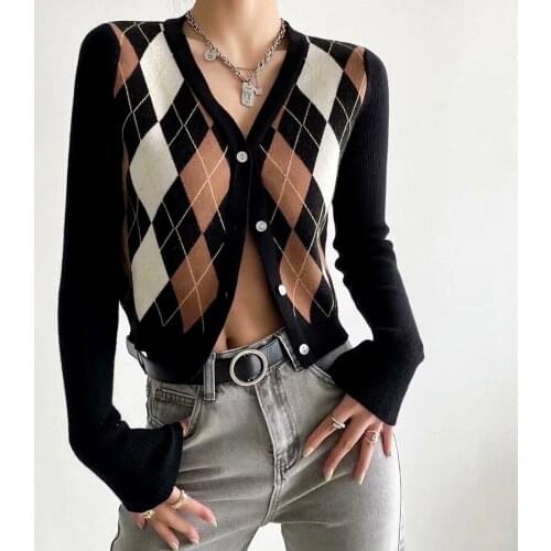GypsyLady Vintage Argyle Knitted Sweater Cardigan Autumn Chic Slim Women Croped Sweater Cardigan Y2k Ladies Jumper Knitwear 2021