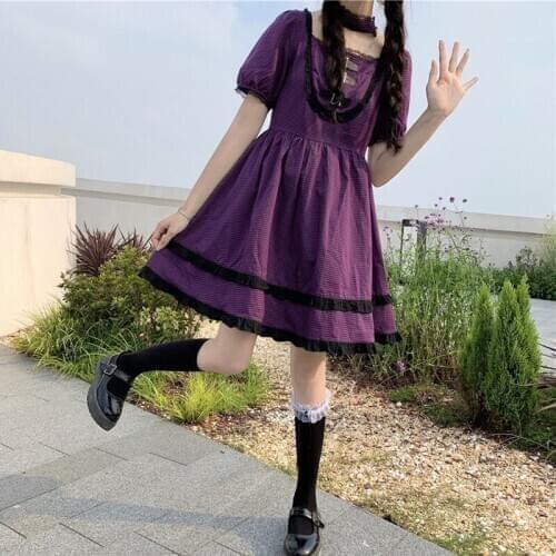 Japanese-Style Lace Square Collar Vintage Buckle Puff Sleeve High Waist fairy dress tea party lolita dress sweet lolita doll