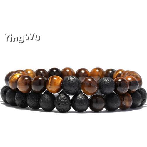 Yingwu 2 Pcs/set Natural Stone Beads Bracelet Charm Tiger eye Lava Couple Braclet For Men Women Lovers BFF Wristband Jewelry