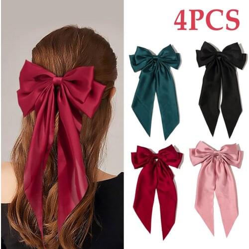 4PCS Bow Hair Clips Fashion Large Satin Ribbon Bowknot Hairclips Hair Barrette Accessories for Women Ladies Girls Party