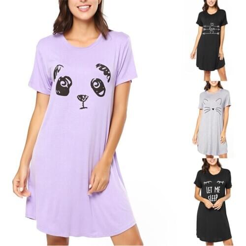 Women Print Cartoon Sexy Sleepwear Round Neck Lingerie Cute Nightdress Short Sleeve Female Underwear Nighty Home Wear