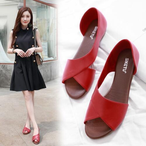 Womens Ladies Roma Flat Solid Peep Toe Sandals Fish Mouth Casual Shoes Open Toe flat-heeled Ladies Sandals Mother shoes