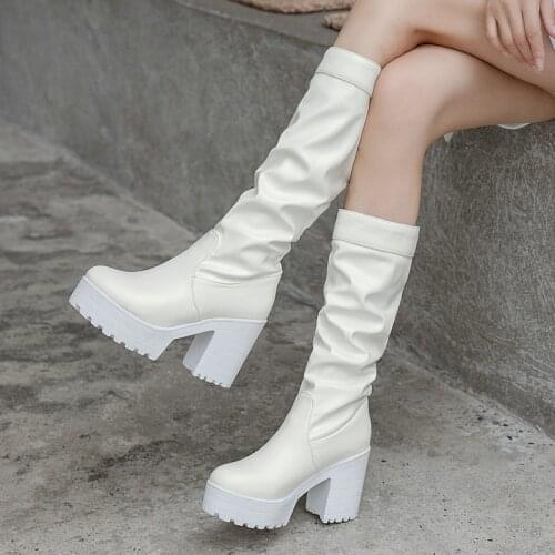 Black White Platform Large Size Women Shoes New Fashion Lady Thick Heel Fold Knee Boots Female Street Metal Slip On Loose Boots