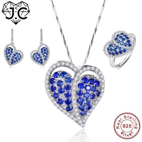 J.C Lady Sapphire Blue White Topaz Pendant & Ring & Earring Genuine Solid 925 Standard Sterling Silver Jewelry Set Heart Wedding