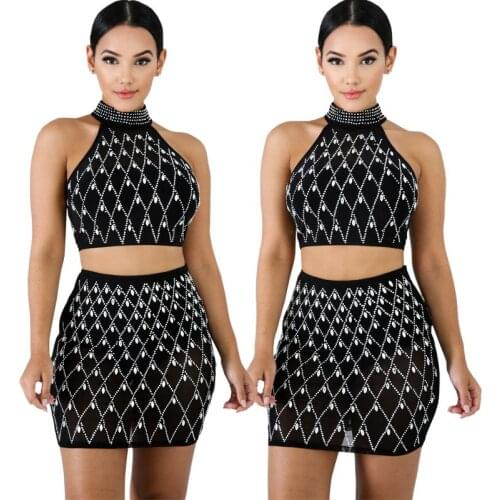 BE HYGGE Fashion women Spring 2020 High Quality Sexy Women 2-Pieces Print Bodycon Halter Sleeveless Lady Hollow Out Mini Dress