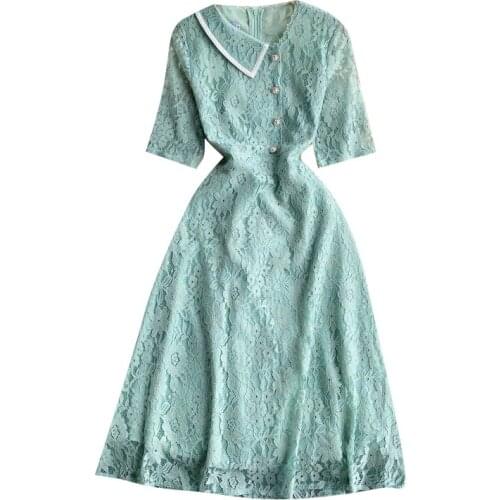 New Summer Women Fashion Unilateral Turn-down Collar Short Sleeve Slim Dress High Quality Single-breasted Vintage Lace Dress