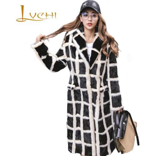 LVCHI Winter 2019 Imported Mink Womens Natural Fur Slim Coat Plaid Show Style Fur Coats Long Sleeve Slim X-Long Warm Mink Coats