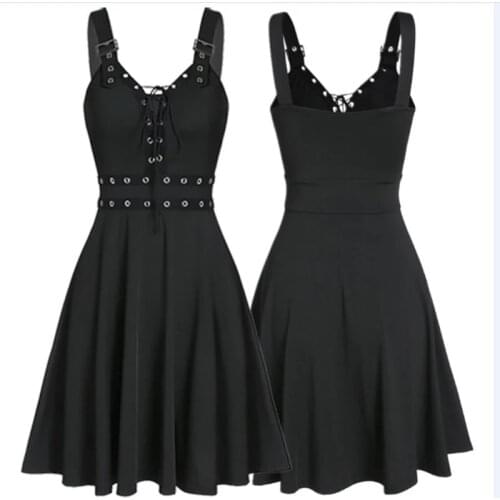 Women Mini Dresses Gothic Black Sexy Deep V Neck 2021 Fall Punk Sleeveless Rivet Fashion Tunic Hip Hop Bandage Female Dress